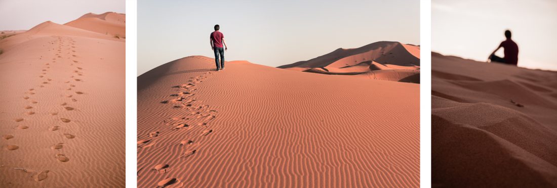Trois images montrant les dunes du désert au Maroc.